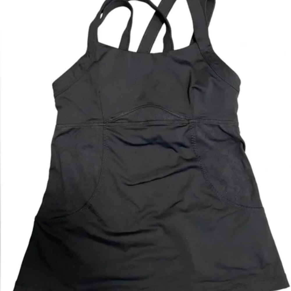 Women's Lululemon Black high neck crisscross strappy floral mesh tank top